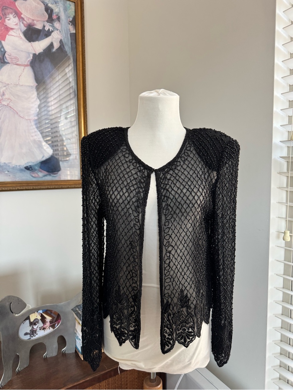 Black Beaded Open-Front Silk Cardigan